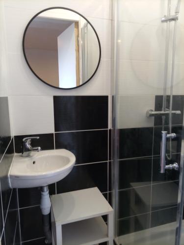 une salle de bain avec un lavabo et un miroir dans l'établissement Studio entre château et Vilaine a Vitré, à Vitré