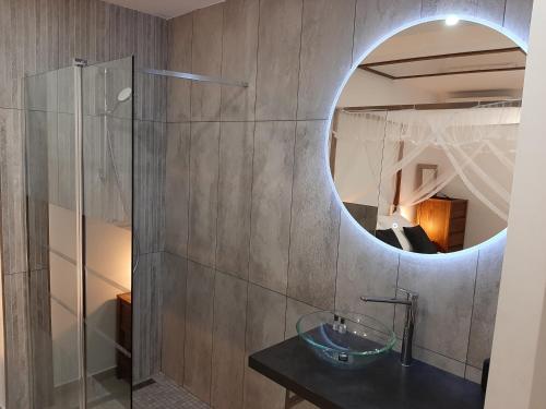 ein Bad mit einem Waschbecken und einem Spiegel in der Unterkunft VILLA RASOA chambre NOSY BE in Cap d'Agde
