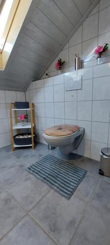 a bathroom with a toilet and a sink in a room at Große tolle 4 Zimmer Ferienwohnung im Herzen des Odenwaldes in Mörlenbach