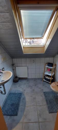 ein Bad im Dachgeschoss mit einem Waschbecken und einem Dachfenster in der Unterkunft 10 Personen Ferienwohnung i. Odw in Mörlenbach