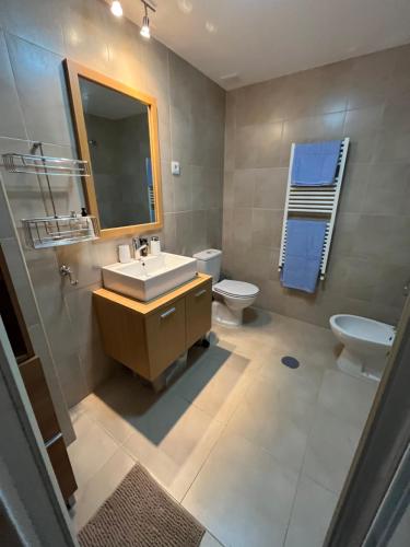 a bathroom with a sink and a toilet and a mirror at Casa El Tonelero, Casa Del Pequeno Tonelero & Casa Del Gran Tonelero - by El Tonelero Ltd in Sucina