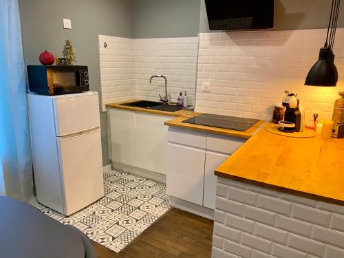 une cuisine avec un réfrigérateur blanc et un évier dans l'établissement T2 cosy / quartier calme / magasins d’usine a proximité, à Saint-Julien-les-Villas