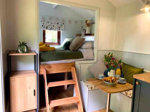 Habitación pequeña con cama y espejo. en Lilliput - Delightful 1-bedroom shepherd's hut en Holsworthy