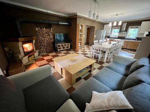a living room with a couch and a table and a fireplace at Privát Adriana in Kremnica