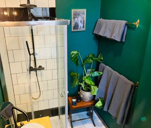 a bathroom with a shower and a potted plant at BnB Suikernest in Antwerp