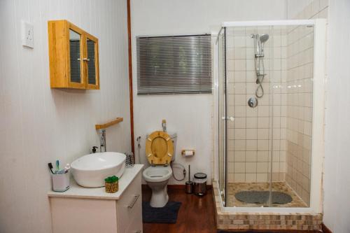 a bathroom with a toilet and a sink and a shower at Anna Beach Village in Ponta do Ouro