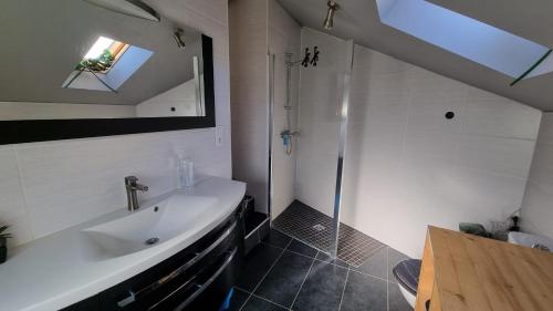 La salle de bains est pourvue d'un lavabo et d'une douche. dans l'établissement Charmante petite maison sur le port du légué, à Plérin