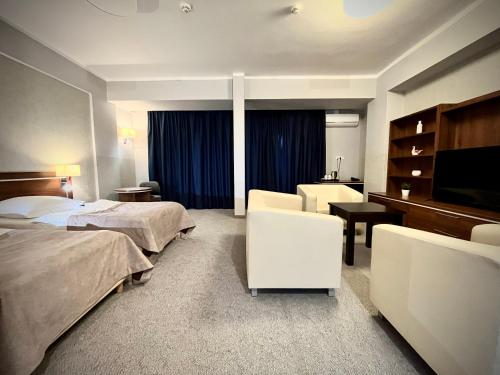 1 dormitorio con 2 camas, escritorio y TV en Hotel Szyndzielnia, en Bielsko-Biala