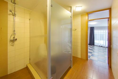 a bathroom with a shower with a glass door at Namo-pirties nuoma Vinkšnėnuose in Vijoliai