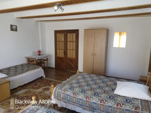 a bedroom with two beds and a wooden door at Pensiunea Irina 1 si 2 in Zărneşti