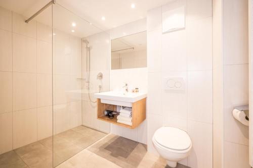 a bathroom with a toilet and a sink and a shower at Appartements Schrambacherhof in Achenkirch