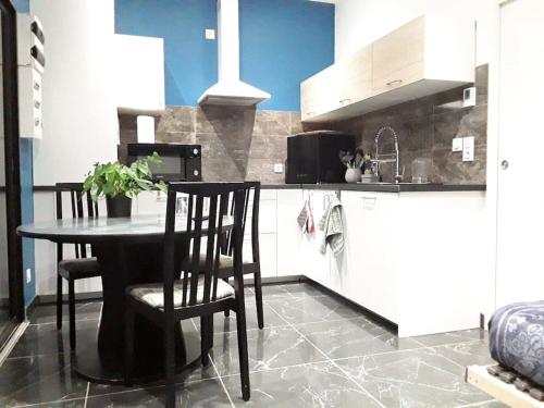 une cuisine avec une table et des chaises dans une cuisine dans l'établissement Maisonnette 28 M2 au fond du jardin calme&confort, à Mondeville
