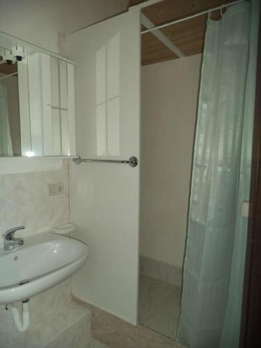 uma casa de banho com um lavatório e um chuveiro em Mansarda M&M SX em Castellammare del Golfo