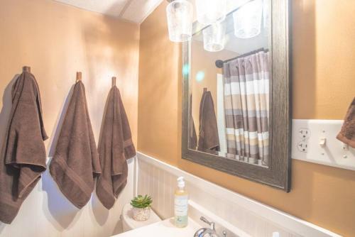 a bathroom with a sink and a mirror at The Cub Cottage in North Pole AK in North Pole