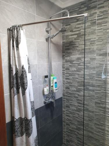 ein Bad mit einer Dusche und einer Glastür in der Unterkunft Casa de la musica in Camposol