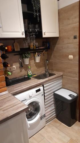 a kitchen with a washing machine and a sink at Apartman Balna in Budapest