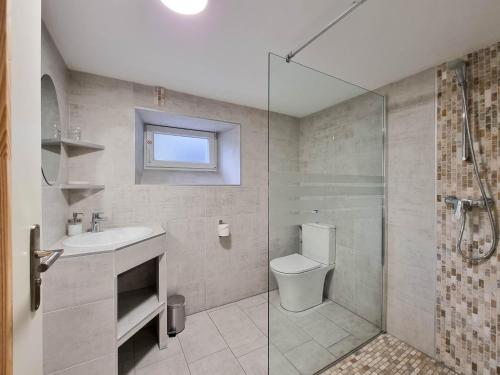 a bathroom with a toilet and a sink and a shower at Travel Homes - Underground, F1 chic et rénové in Mulhouse