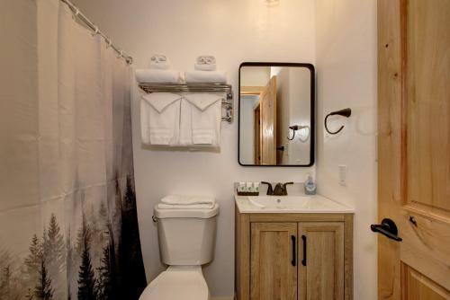 a bathroom with a toilet and a sink and a mirror at Alpine Lodge Hotel in Cascade