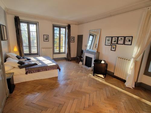 a large bedroom with a bed and a fireplace at Le Temps des Cerises in Génolhac