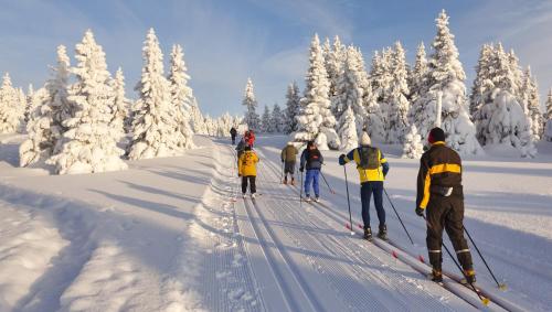 a group of people cross country skiing in the snow at Indianhead Ironwood Hotel in Ironwood