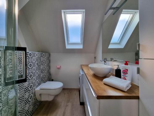 uma casa de banho com um lavatório, um WC e 2 janelas. em Travel Homes - NewGate 3, elegant, heart of Colmar em Colmar