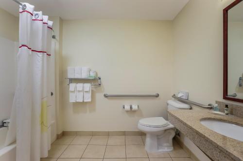 a bathroom with a toilet and a sink at MainStay Suites Fitchburg - Madison in Madison
