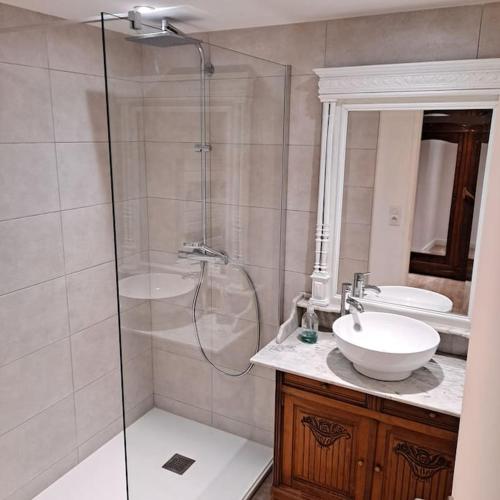 a bathroom with a shower and a sink and a toilet at Résidence La Mamone in Ornans