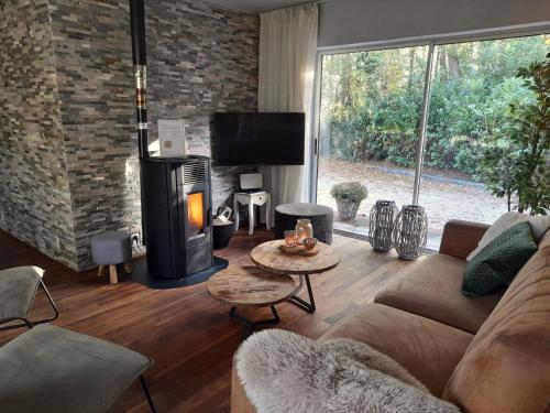a living room with a couch and a fireplace at Secret Wellness Boszicht in Holten