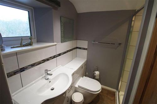 a bathroom with a sink and a toilet and a window at Mill House Cottage, Fishing Park, Brampton, Nr Carlisle in Brampton