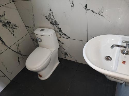 een badkamer met een wit toilet en een wastafel bij Green Garden Wayanad Villas in Vayittiri