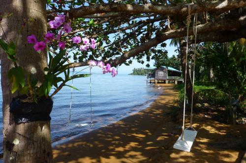 a tree with flowers hanging from it next to a beach at Serenity Resort Koh Chang in Ko Chang
