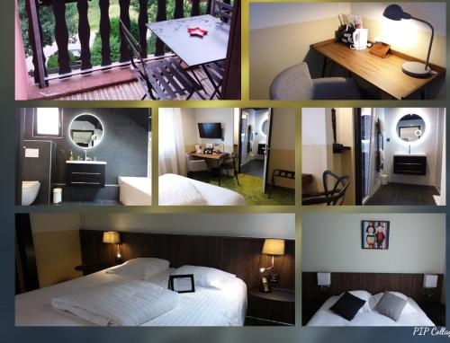 a collage of four pictures of a hotel room at Hotel Restaurant au Floridor in Thann