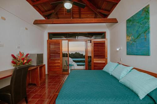 a bedroom with a bed and a desk and a television at Hotel Planeta Sano in Manuel Antonio