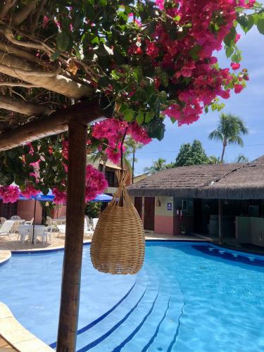 a basket hanging from a tree next to a swimming pool at Resort Pipa Casa20 - Triplex maravilhoso in Pipa