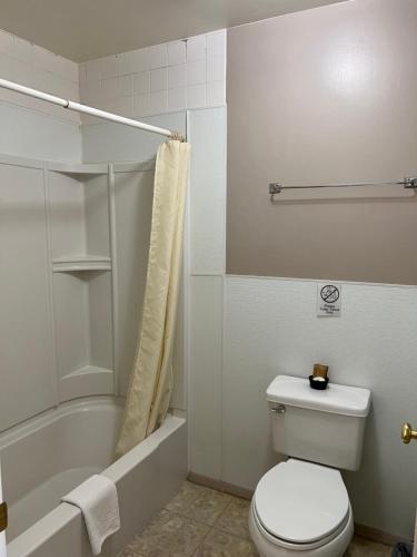 La salle de bains est pourvue de toilettes, d'une baignoire et d'une douche. dans l'établissement El Portal Motel, à Beatty