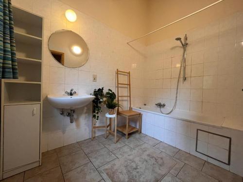y baño con lavabo, ducha y bañera. en Beautiful holiday home in Hastière with garden, en Blaimont
