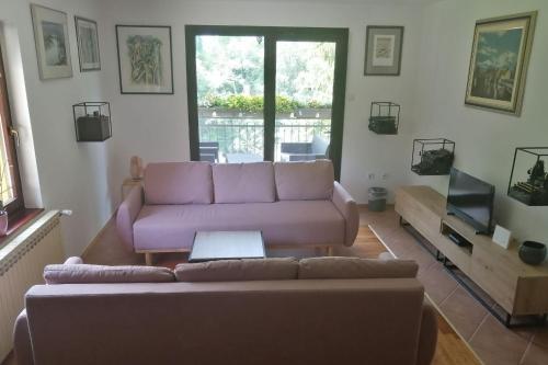 a living room with a purple couch and a tv at Holiday house with a parking space Jakovci Netreticki, Karlovac - 20279 in Netretić