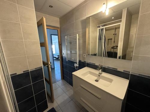 ein Bad mit einem Waschbecken und einem Spiegel in der Unterkunft Appartement Port-Vendres, 2 pièces, 4 personnes - FR-1-309-216 in Port-Vendres