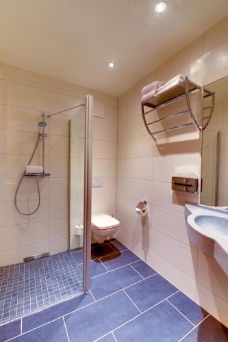 a bathroom with a shower and a toilet and a sink at Hotel & Restaurant Waldcafe Hettstedt in Hettstedt
