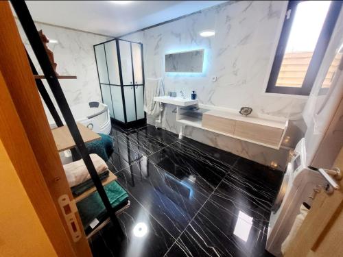 a bathroom with a sink and a mirror at chambres privées dans maison bord de marne proche Disney et Paris in Noisy-le-Grand