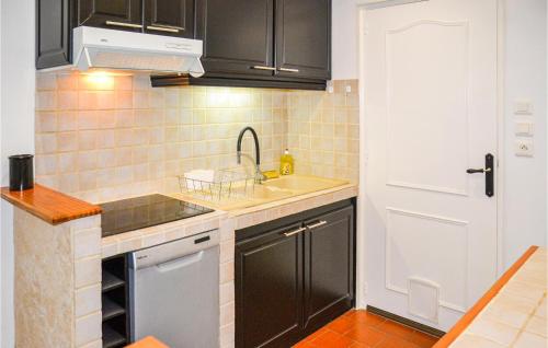 - une cuisine avec des placards noirs et un évier dans l'établissement Nice Apartment In Pignan With Wifi, à Pignan