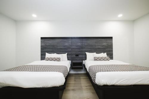 two beds in a room with white walls at Sapphire Inn & Suites in Deer Park