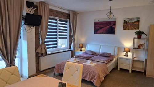 Schlafzimmer mit einem Bett und einem Fenster in der Unterkunft Apartament Lavender in Jelenia Góra