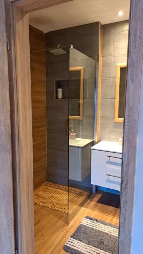 a bathroom with a glass shower and a sink at Apartament Lavender in Jelenia Góra