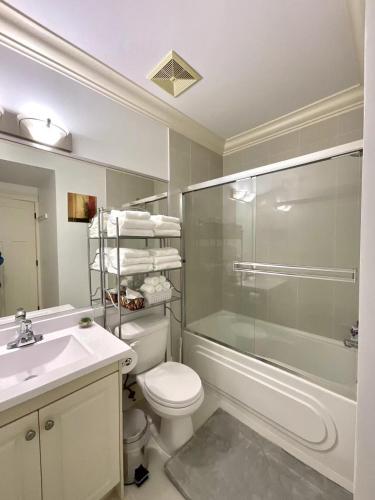 a bathroom with a toilet and a shower and a sink at New two-bedroom legal suite with parking in White Rock