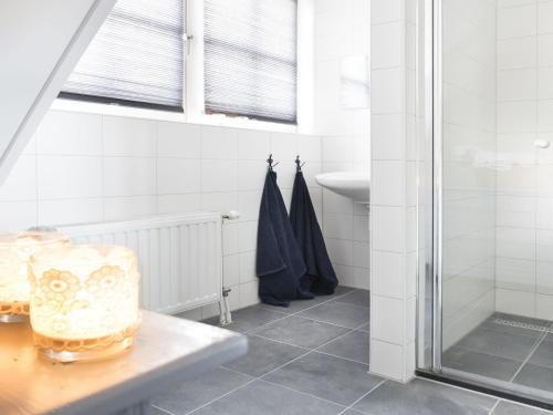 La salle de bains est pourvue d'une douche et d'un lavabo. dans l'établissement Rustic Holiday Home In Wissenkerke With Garden, à Wissenkerke