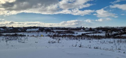 a field covered in snow with a town in the background at Zimna Apartments in Kwidzyn