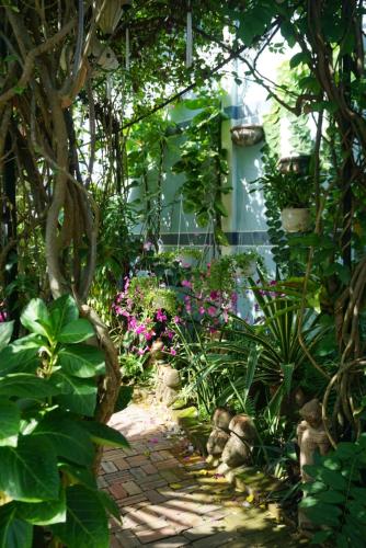 a garden with plants and a brick walkway at Mekong Pottery Homestay, Green-Friendly & Boat Tour in Vĩnh Long