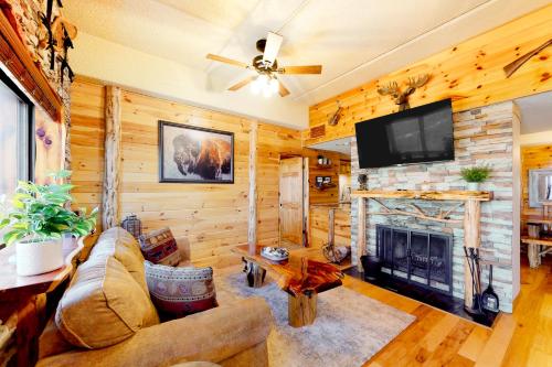 a living room with a fireplace and a flat screen tv at Cabin Retreat at Sugar Top in Sugar Mountain