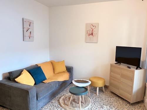 a living room with a couch and a tv at L Abri-côtier Appartements in Saintes-Maries-de-la-Mer